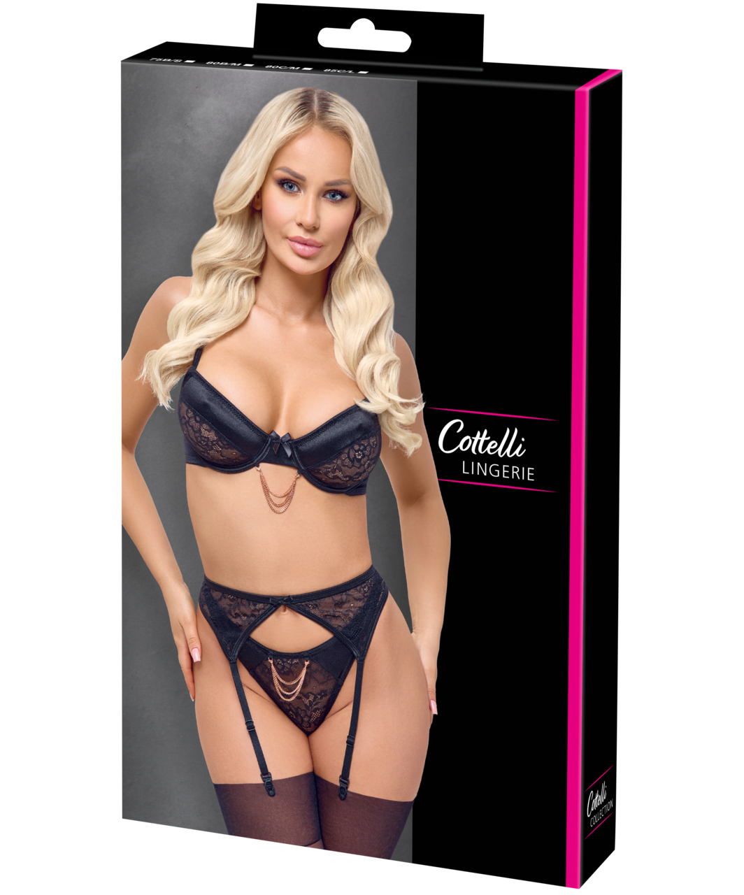 Cottelli Lingerie juodas nėriniuotas apatinio trikotažo rinkinys su grandinėlėmis