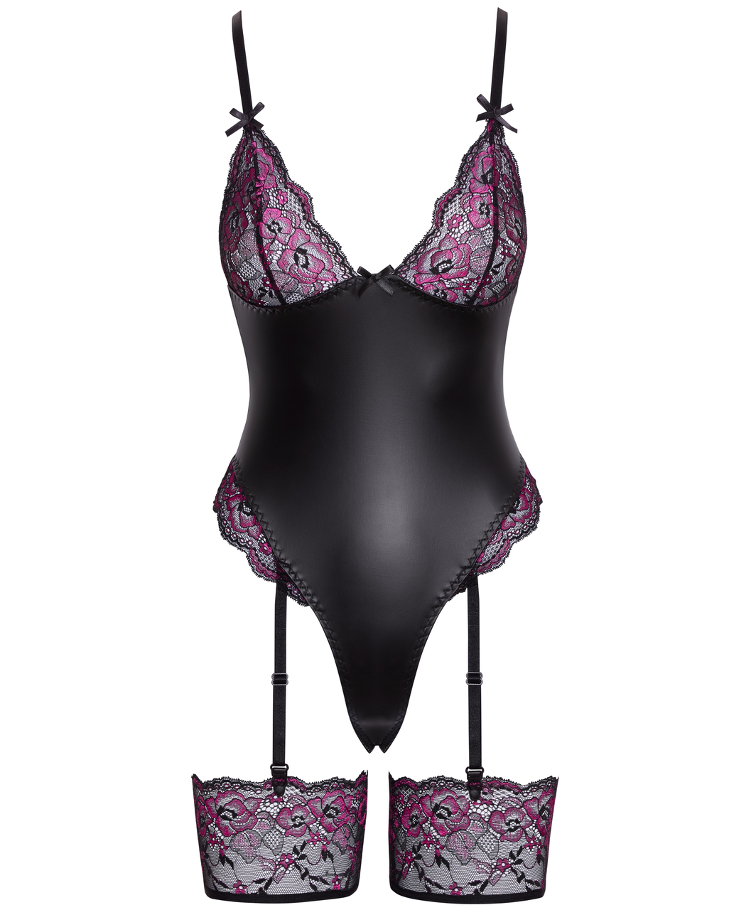 Cottelli Lingerie melns matēts bodijs ar mežģīņu zeķturiem