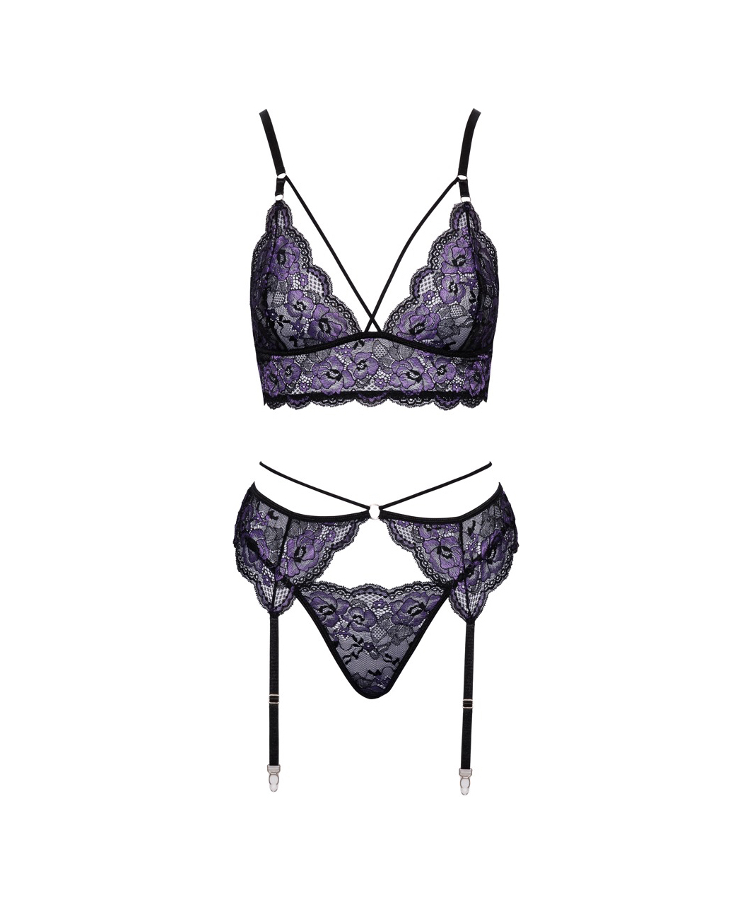 Cottelli Lingerie juodas nėriniuotas apatinio trikotažo rinkinys su violetiniu siuvinėjimu