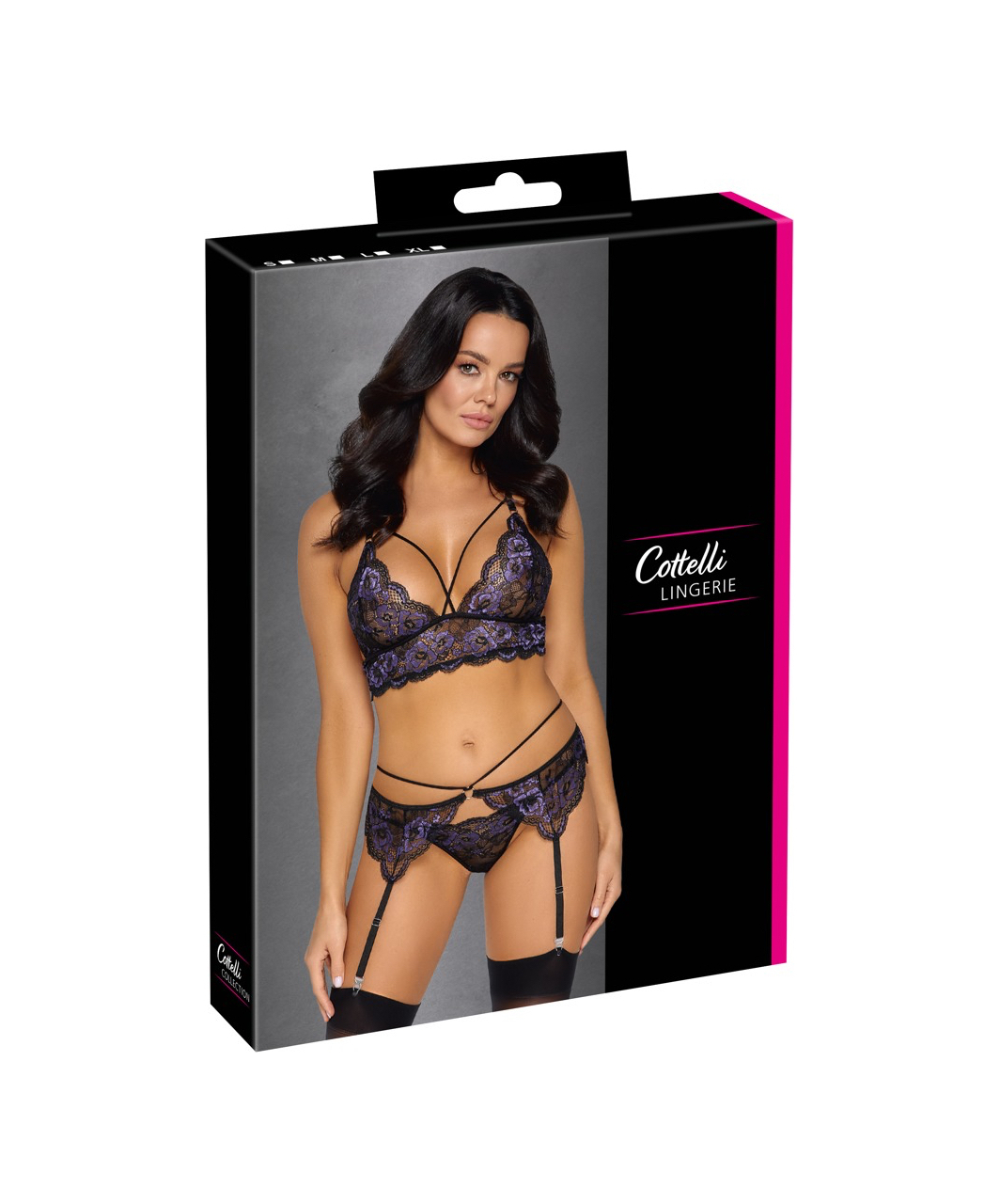 Cottelli Lingerie melns mežģīņu apakšveļas komplekts ar violetu izšuvumu