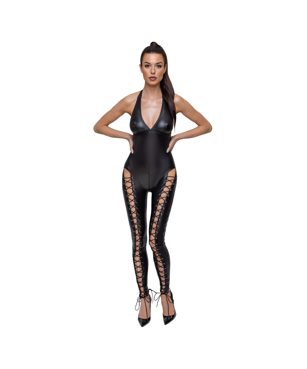 Cottelli Lingerie black matte look lace-up catsuit