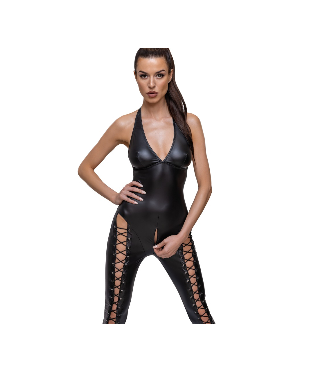 Cottelli Lingerie black matte look lace-up catsuit