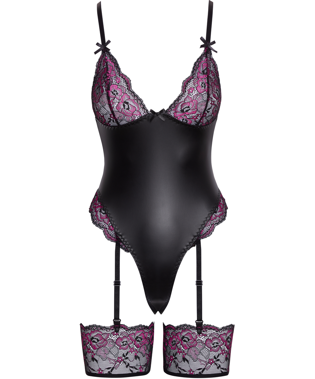 Cottelli Lingerie черный матовый боди с розовым кружевом