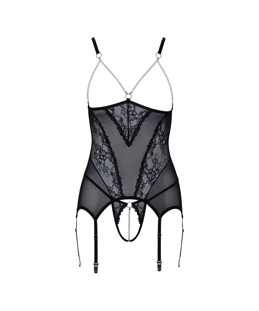 Cottelli Lingerie black open basque with pearls & string