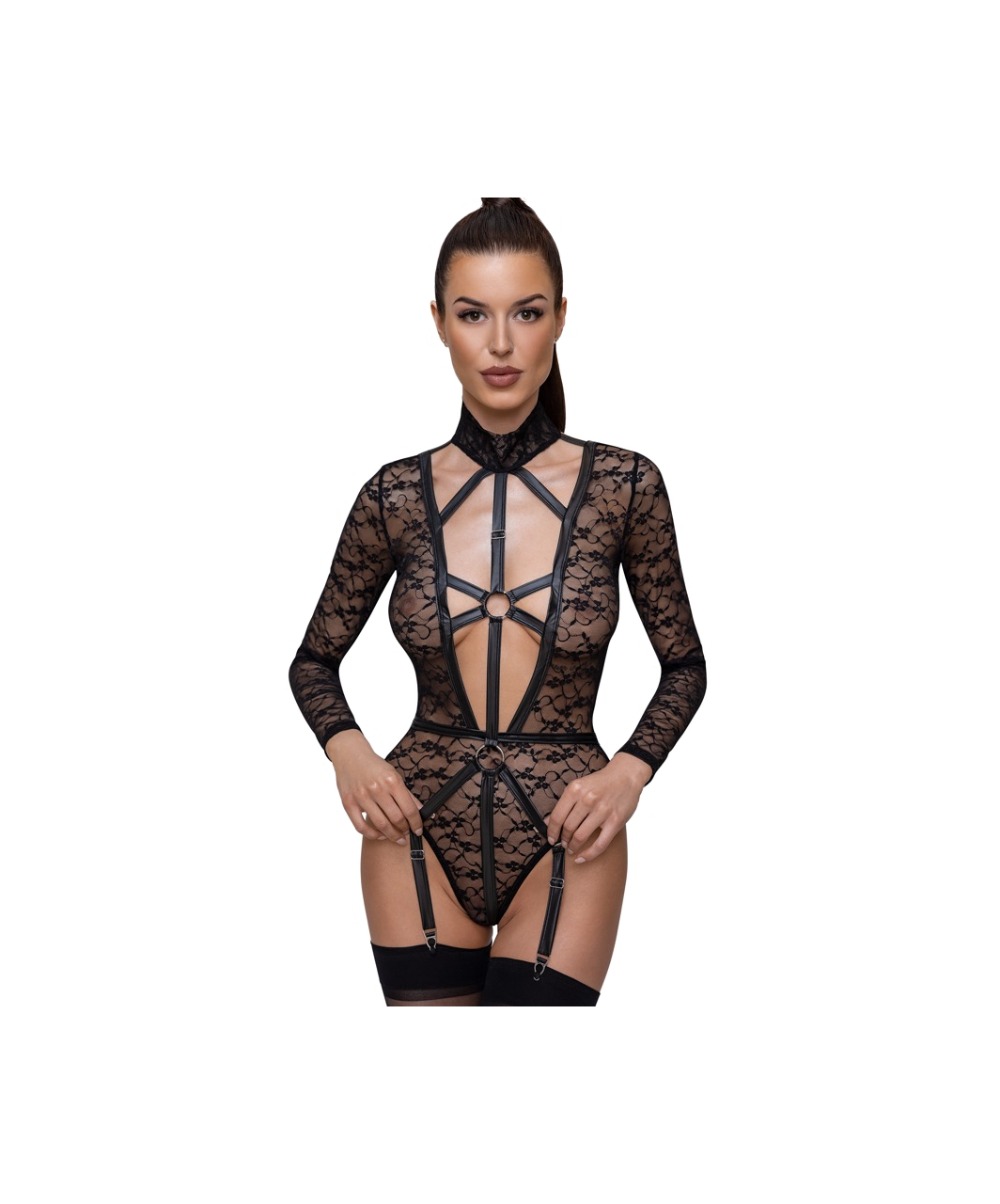 Cottelli Lingerie black sheer mesh suspender bodysuit