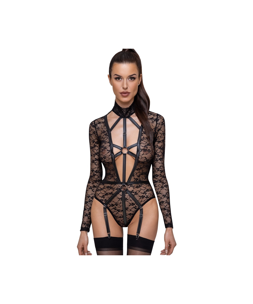 Cottelli Lingerie black sheer mesh suspender bodysuit