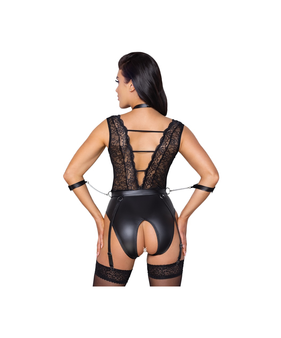 Cottelli Lingerie Bondage black matte look & lace crotchless bodysuit