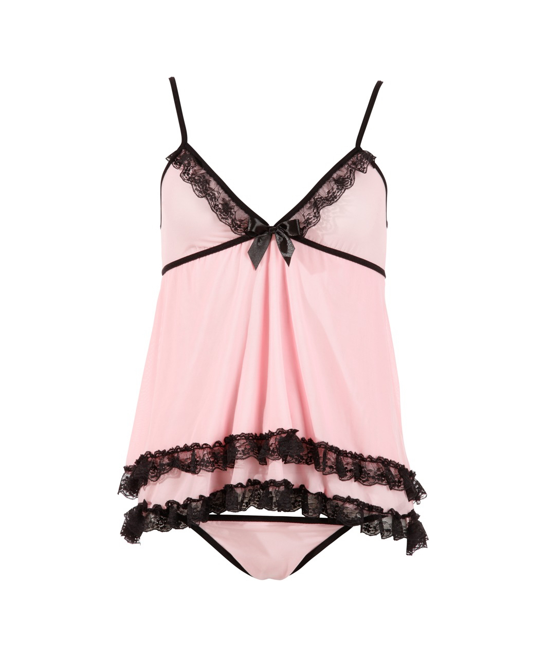 Cottelli Lingerie pink sheer mesh babydoll with black lace ruffles