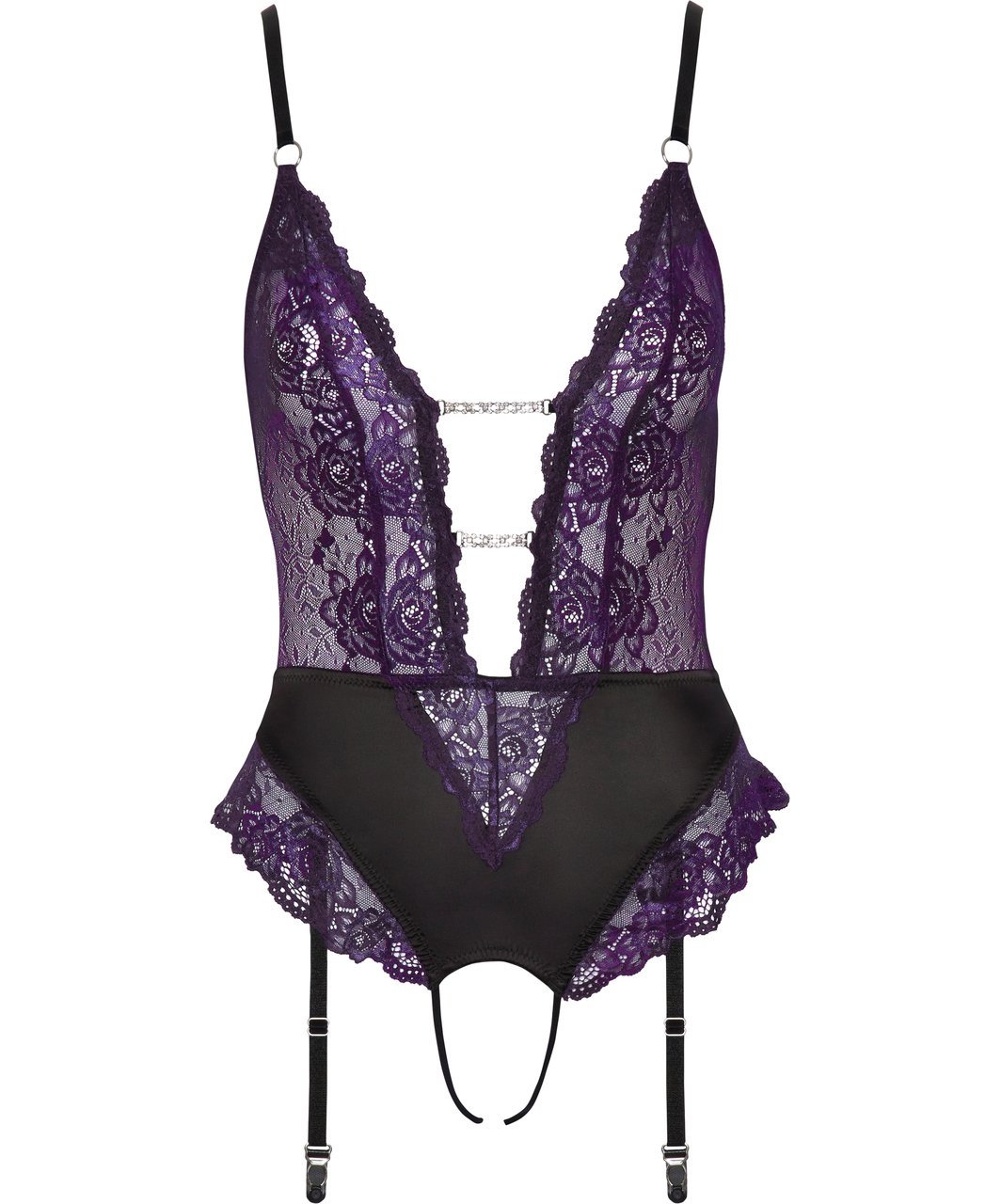 Cottelli Lingerie purple lace crotchless suspender bodysuit