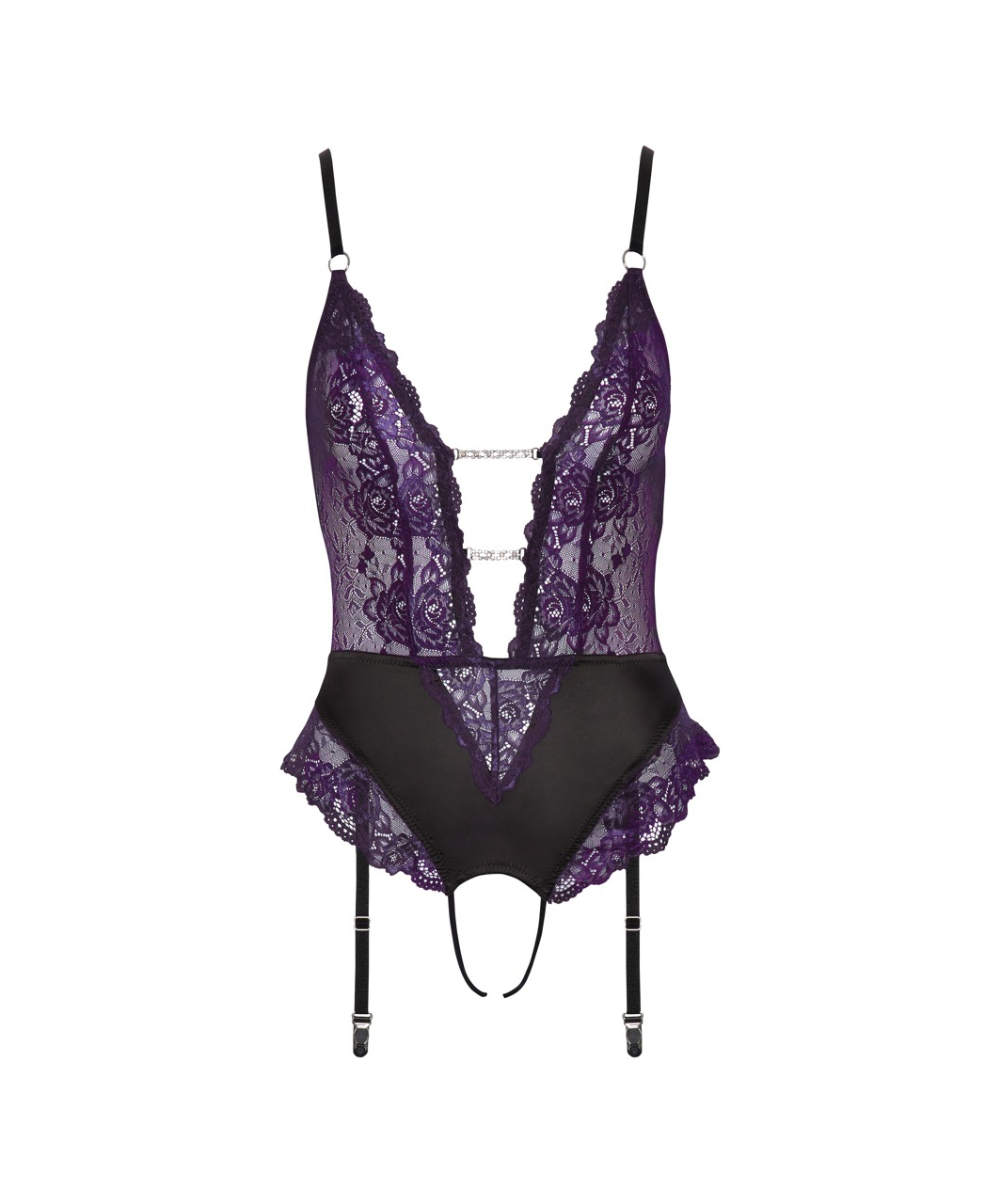 Cottelli Lingerie purple lace crotchless suspender bodysuit