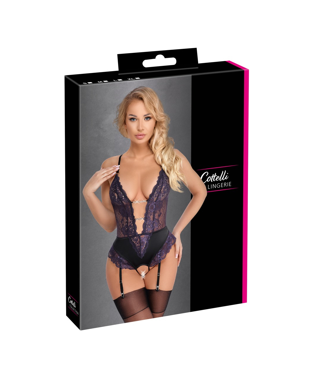 Cottelli Lingerie purple lace crotchless suspender bodysuit