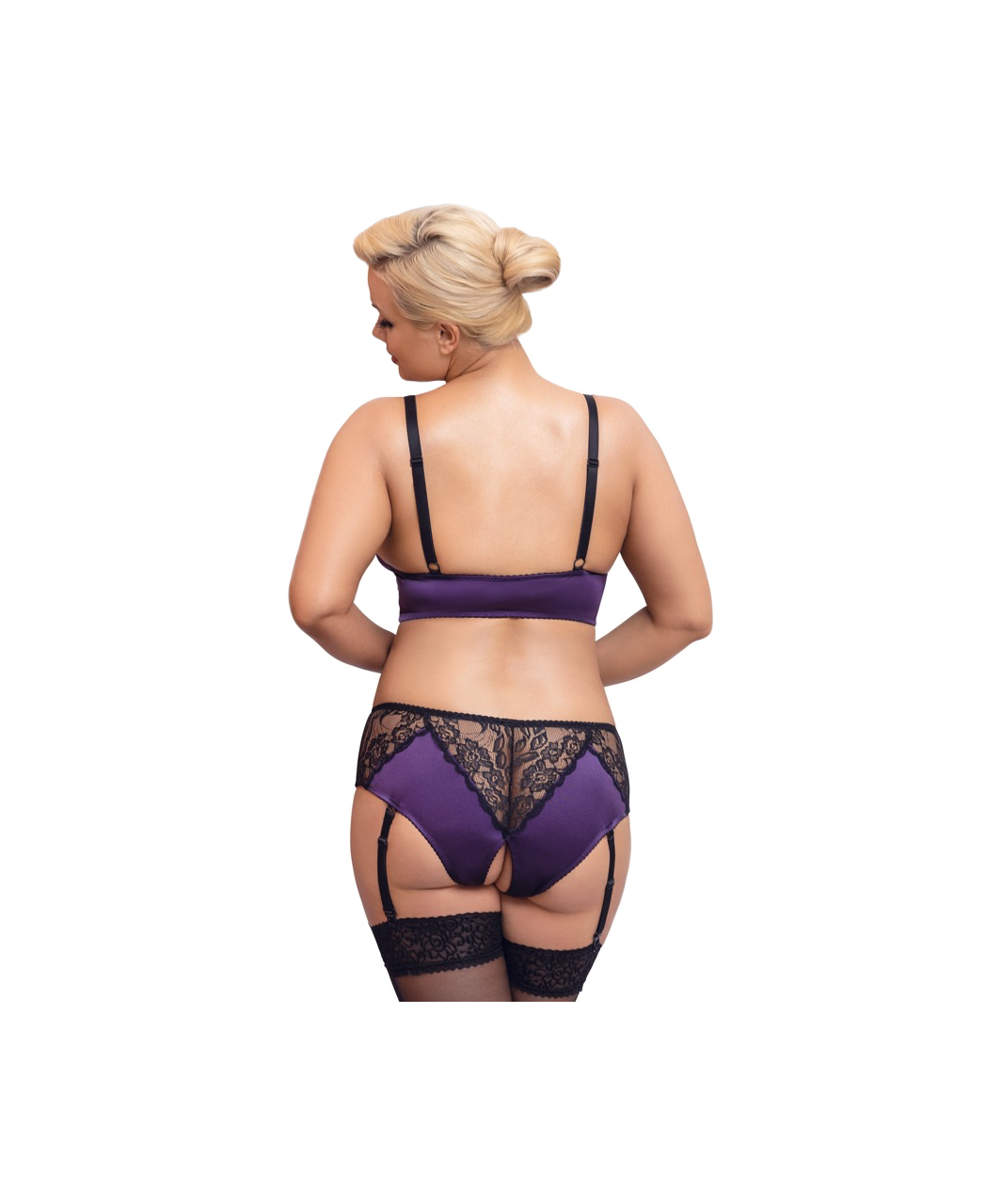 Cottelli Lingerie purple suspender lingerie set with black lace