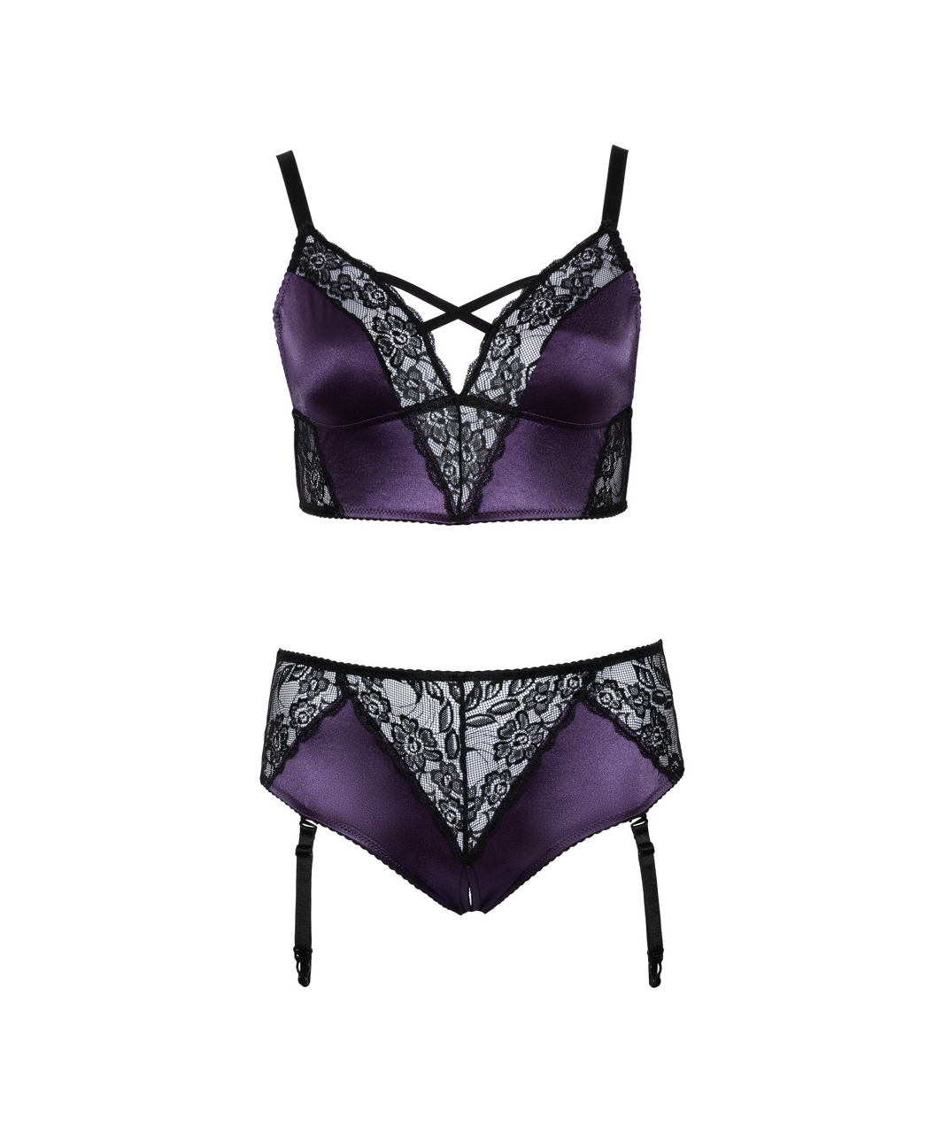 Cottelli Lingerie violetinių apatinių su juodais nėriniais ir laikikliais kojinėms komplektas