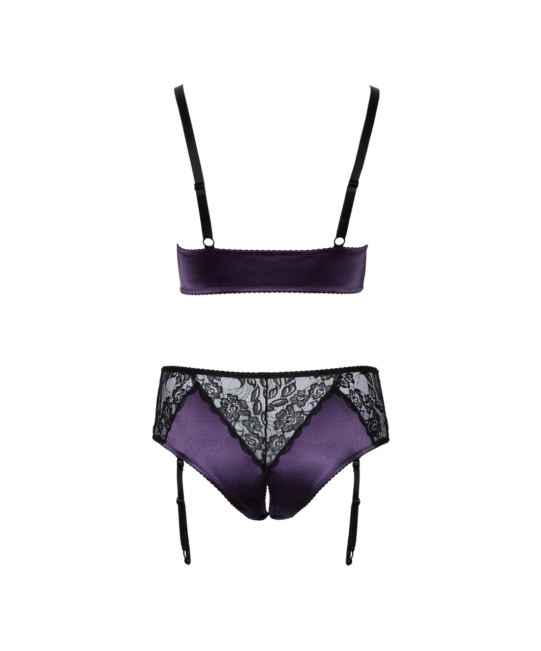 Cottelli Lingerie violetinių apatinių su juodais nėriniais ir laikikliais kojinėms komplektas