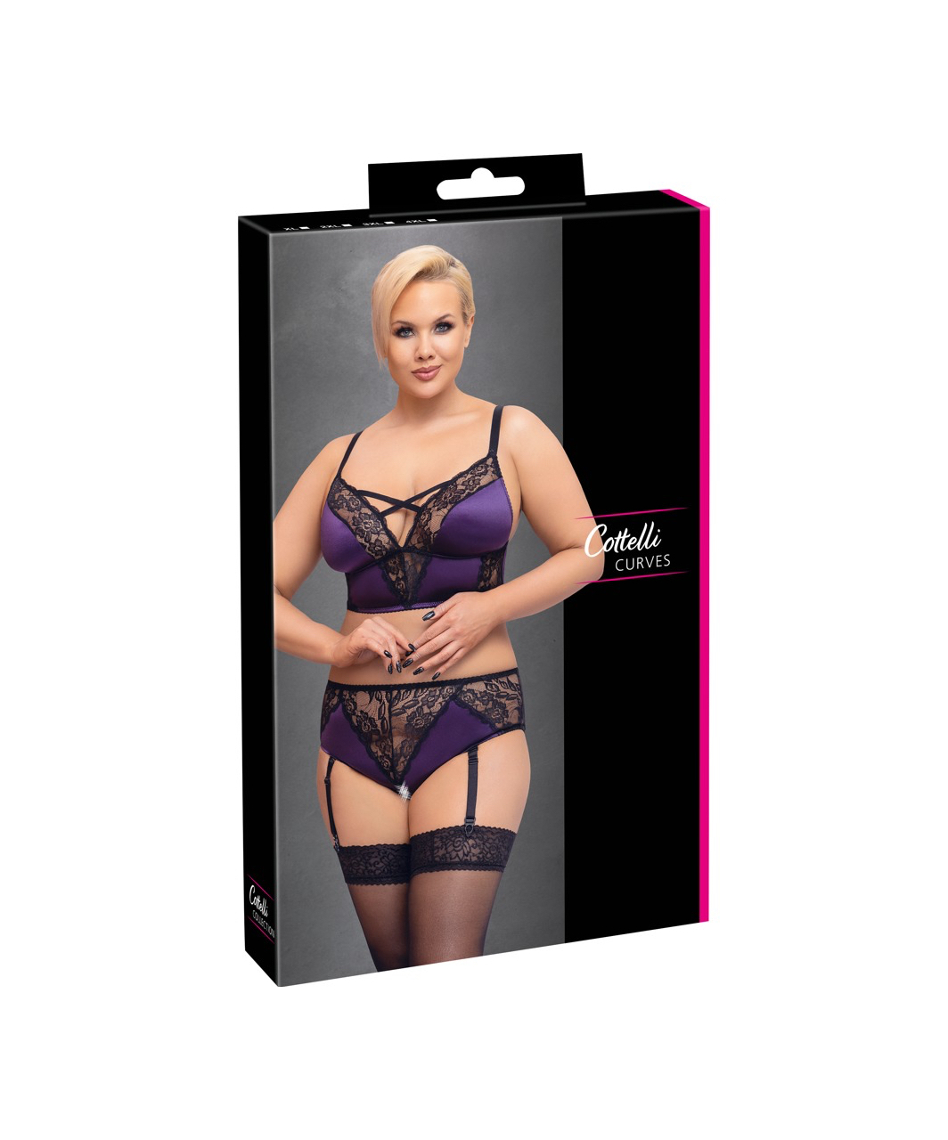 Cottelli Lingerie purple suspender lingerie set with black lace