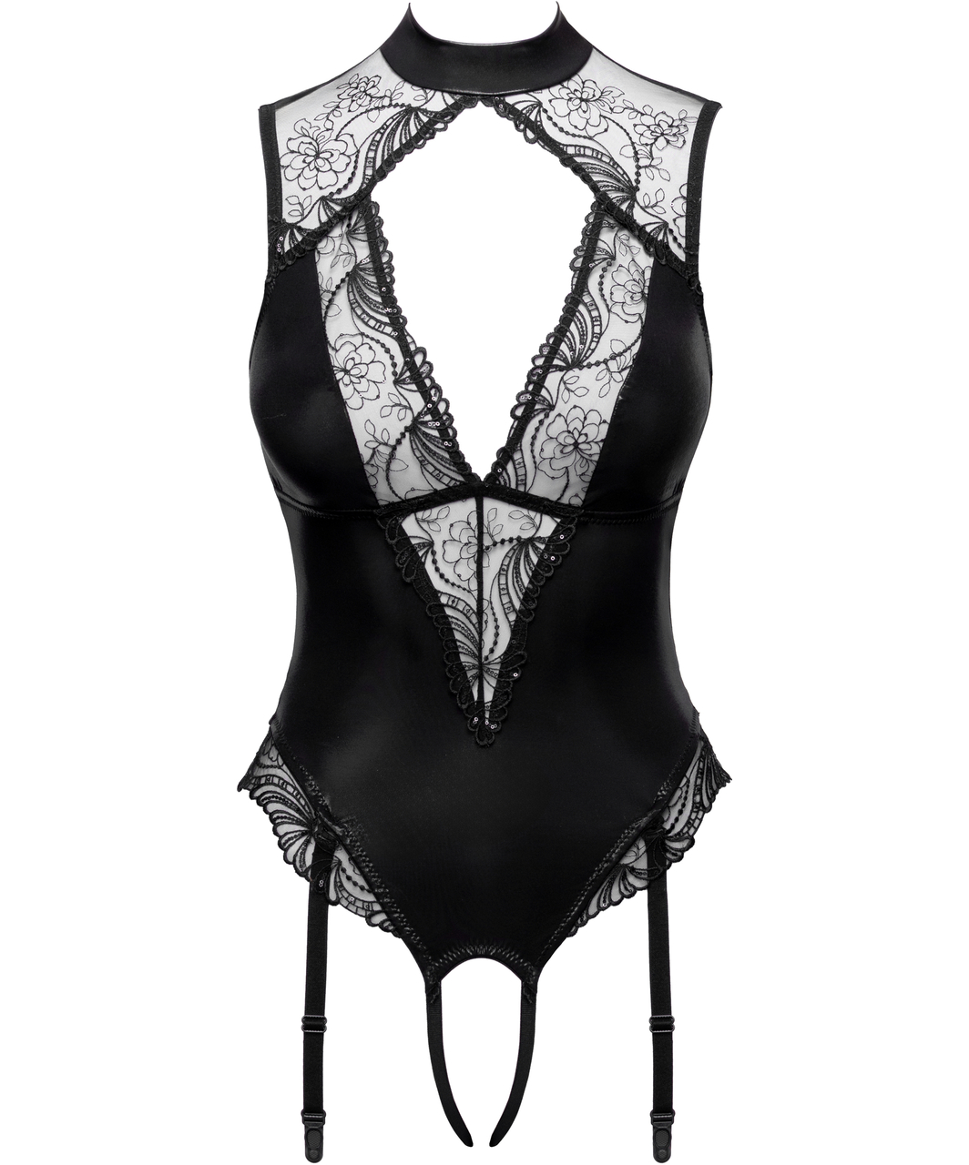 Cottelli Lingerie Sulina mustast läikega avatud jalgevahega bodi
