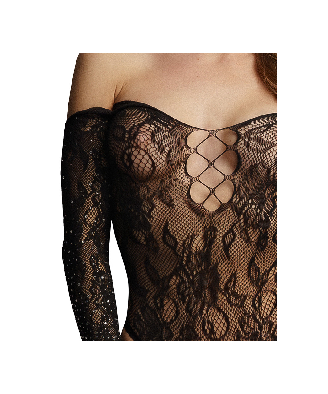 Le Désir black net bodysuit with rhinestone sleeves