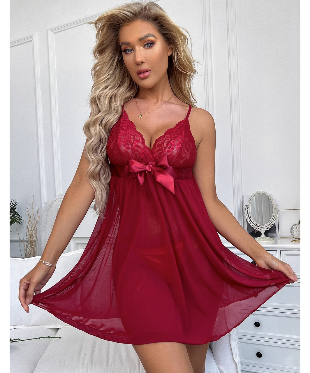 De Namour Arabella red lace babydoll with thong