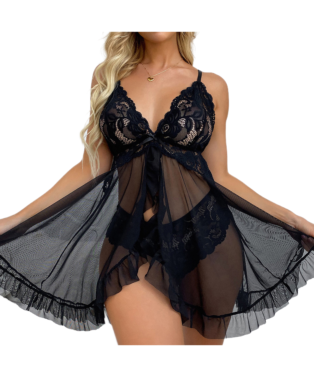 De Namour „Celeste“ juoda permatoma „babydoll“ su stringais