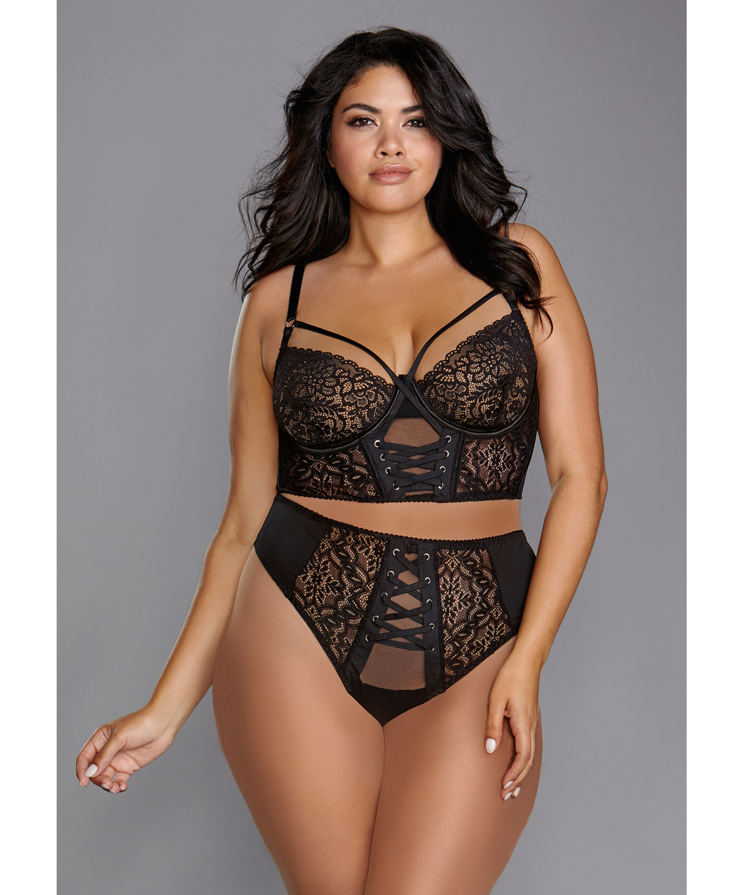 Dreamgirl black lace & mesh lace up bustier & panty set