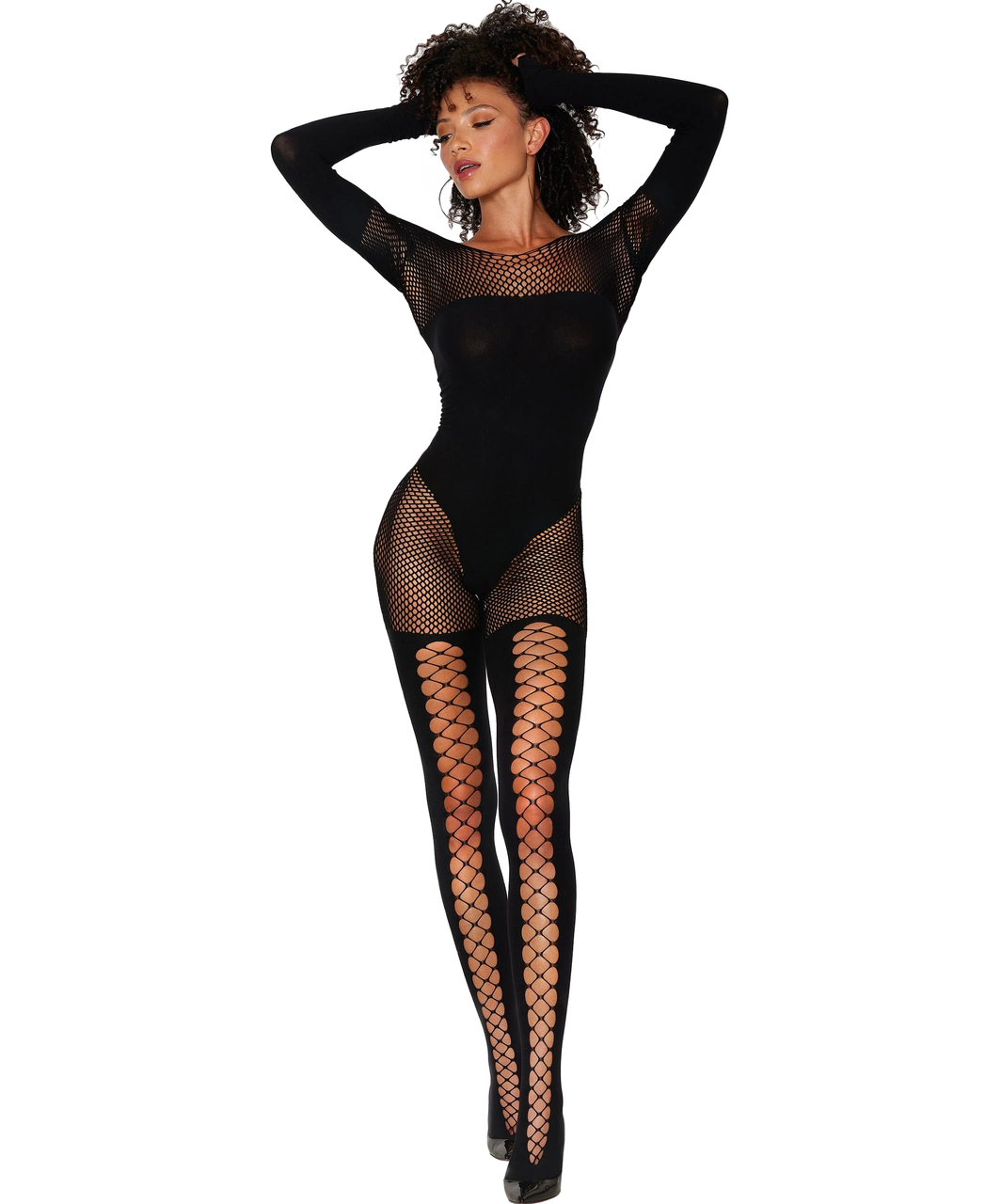 Dreamgirl black opaque & net bodystocking with sleeves