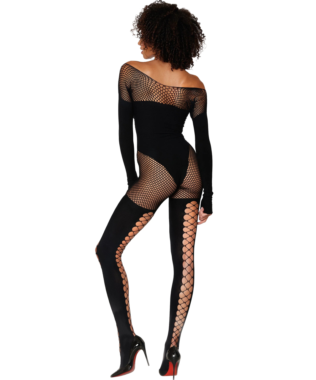 Dreamgirl black opaque & net bodystocking with sleeves