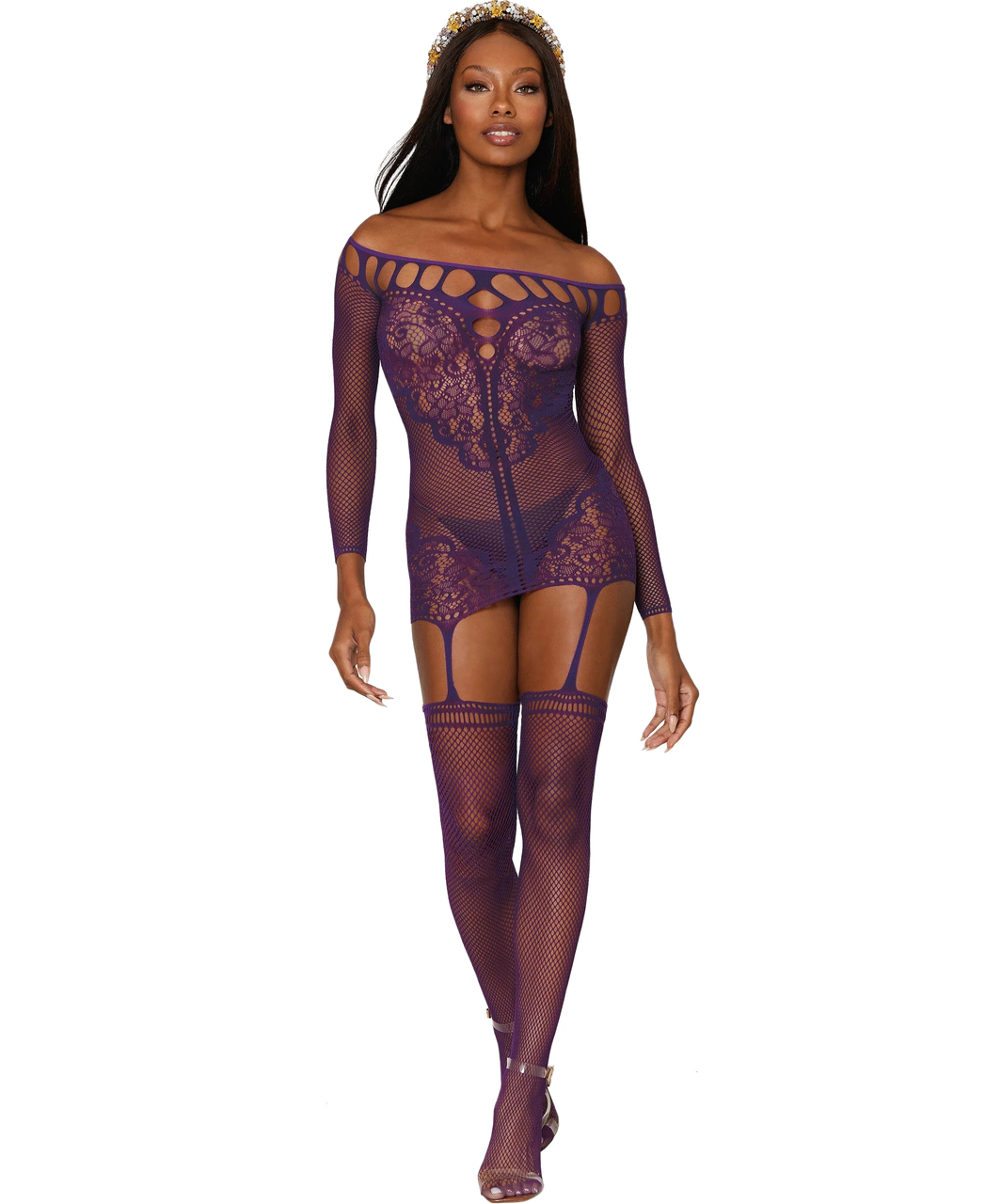 Dreamgirl violetinė tinklinė prisegamų kojinių tipo glaustinukė