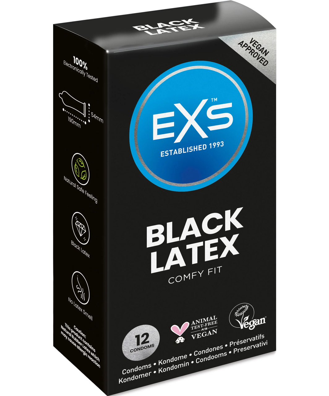 EXS Black Latex Comfy Fit prezervatīvi (12 gab.)