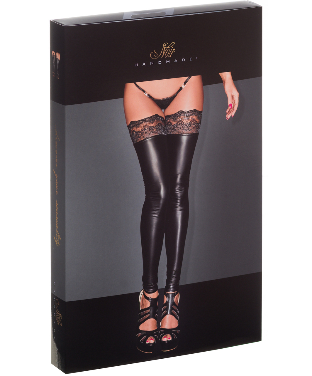 Noir Handmade black matte look footless hold-up stockings with lace