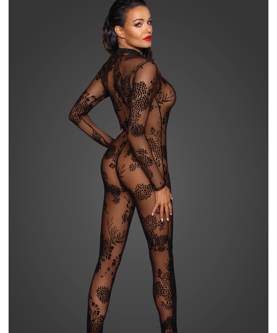 Noir Handmade black sheer mesh catsuit with flock print