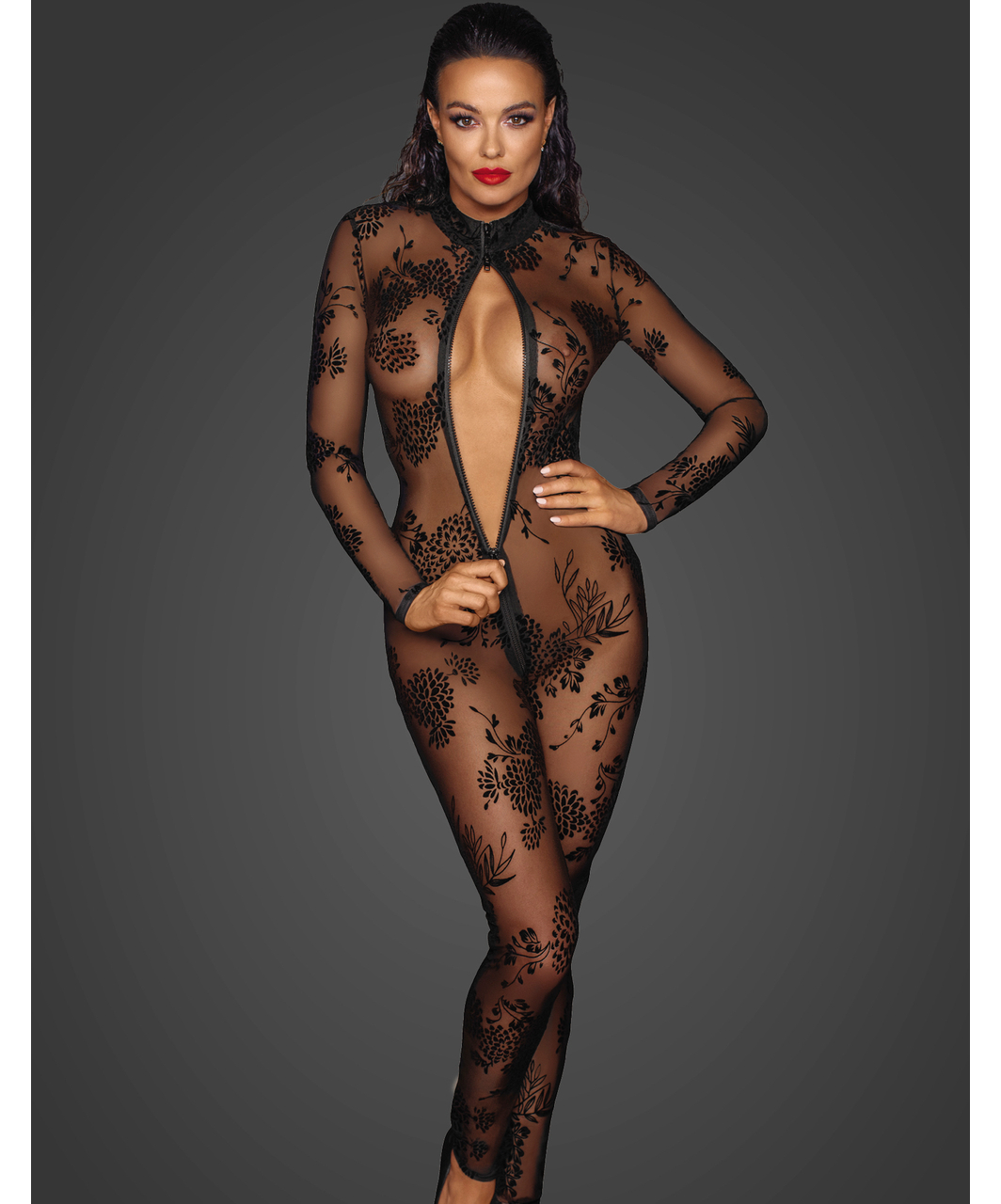 Noir Handmade black sheer mesh catsuit with flock print