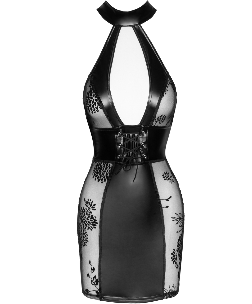 Noir Handmade juoda matinė mini suknelė aplink kaklą iš permatomo tinklelio