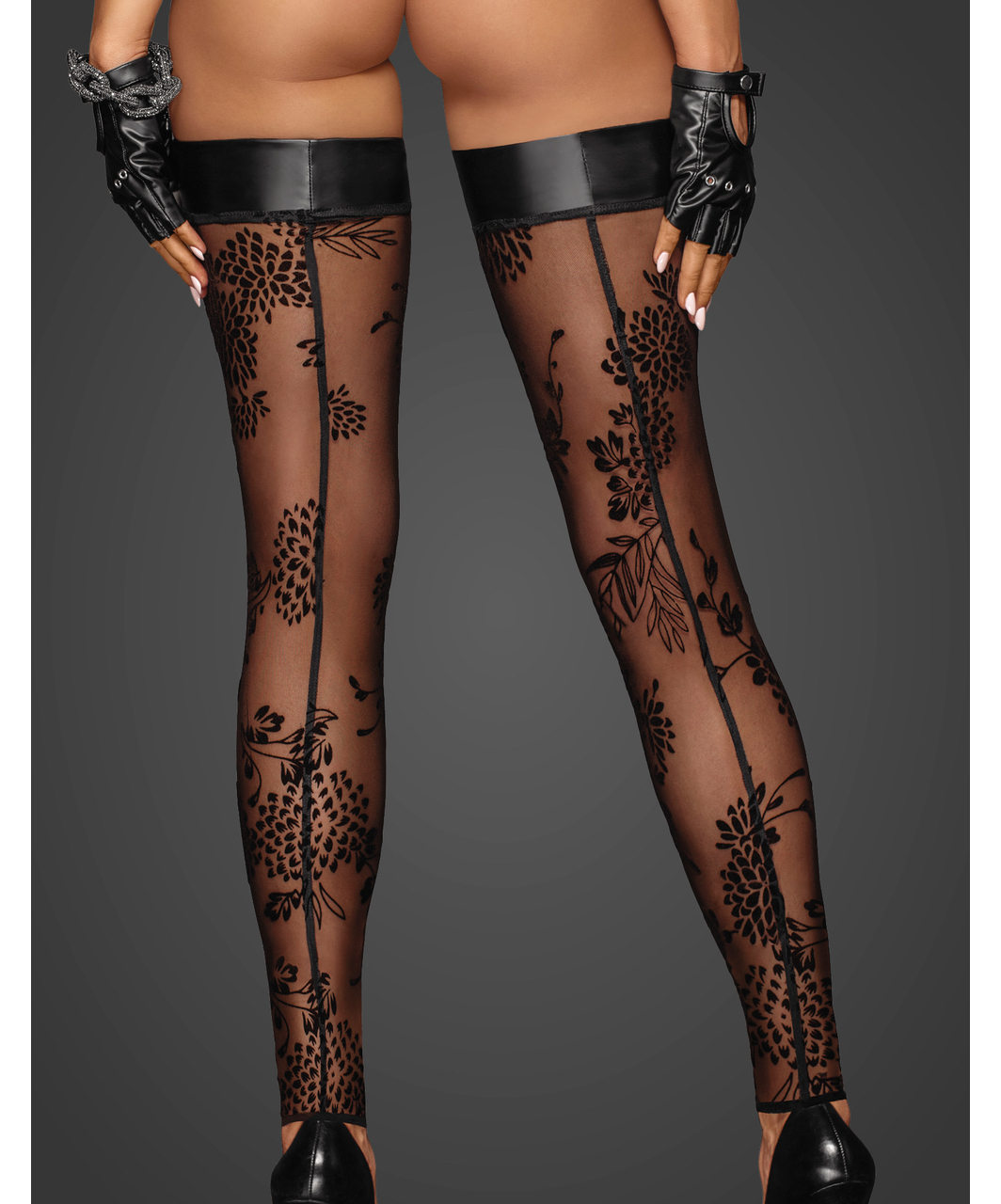 Noir Handmade black footless hold-up stockings with flock print