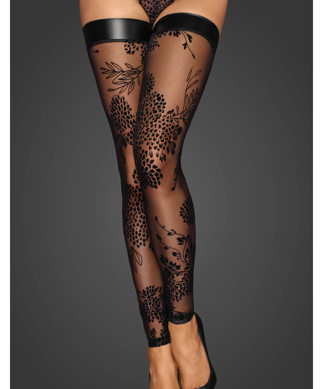 Noir Handmade black footless hold-up stockings with flock print