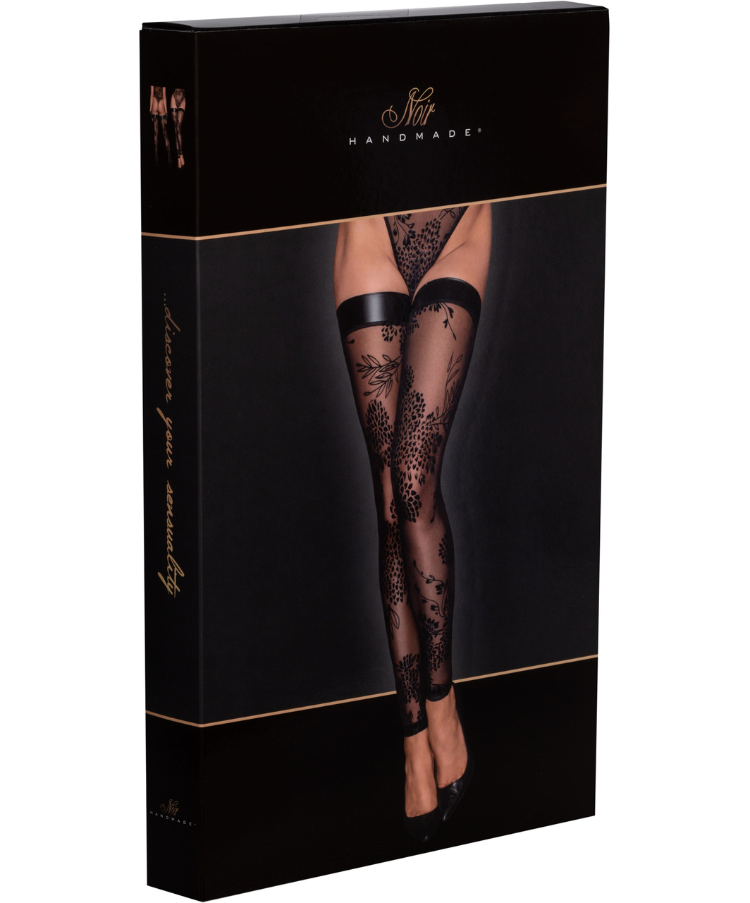 Noir Handmade black footless hold-up stockings with flock print
