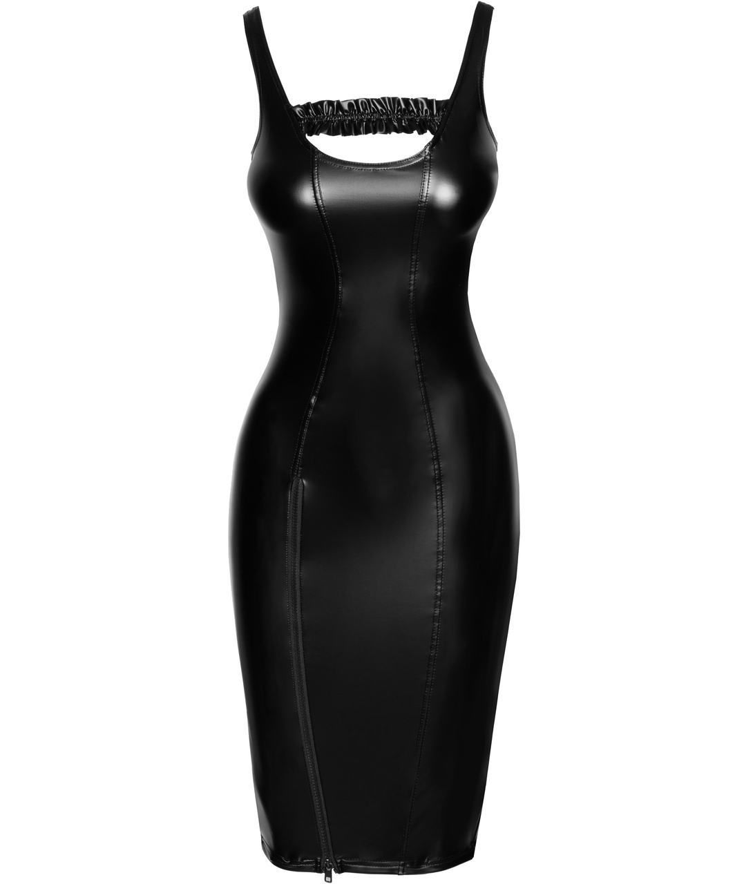 Noir Handmade black matte look midi dress with front zipper