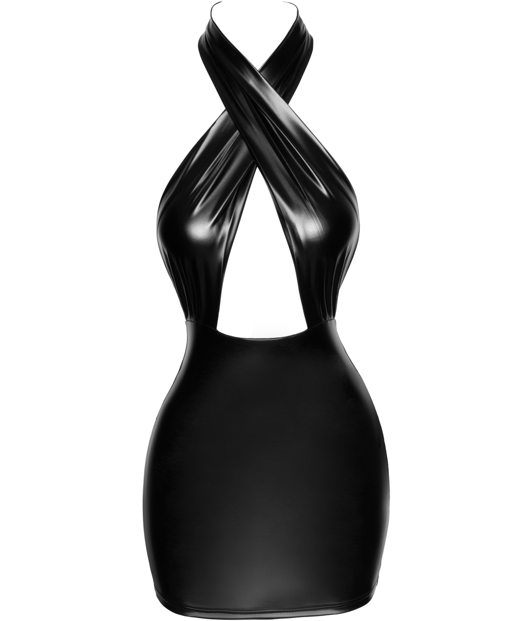 Noir Handmade juoda matinė susikryžiuojanti mini suknelė aplink kaklą