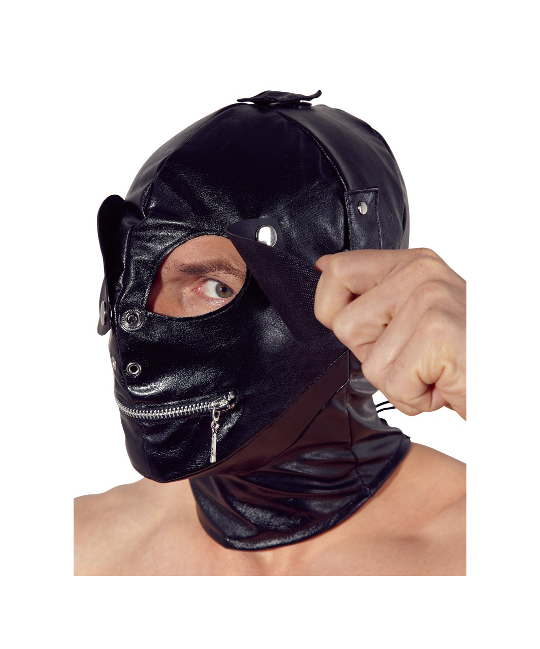 Fetish Collection black faux leather hoodie mask