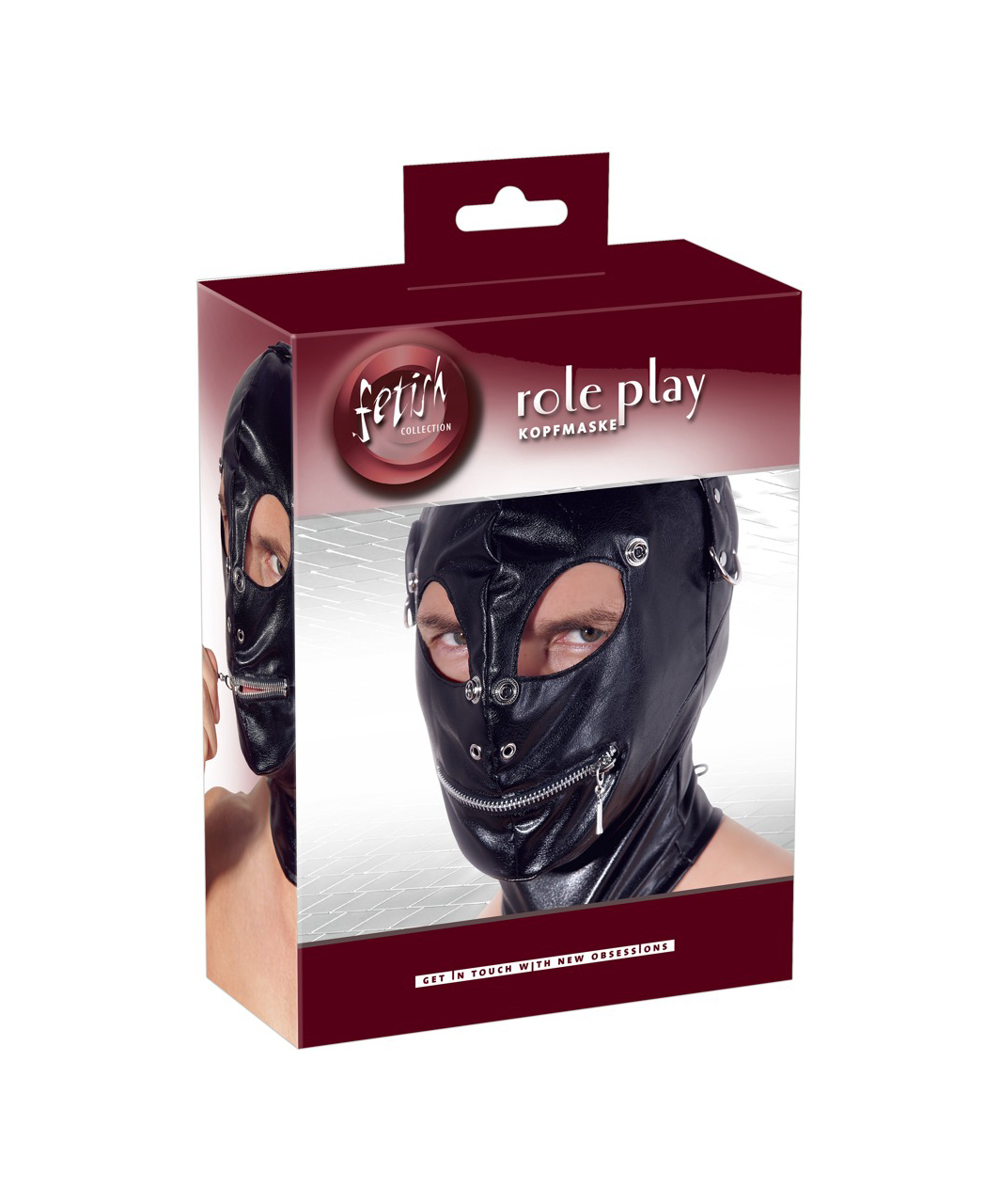 Fetish Collection melna mākslīgās ādas maska ar atvērumiem