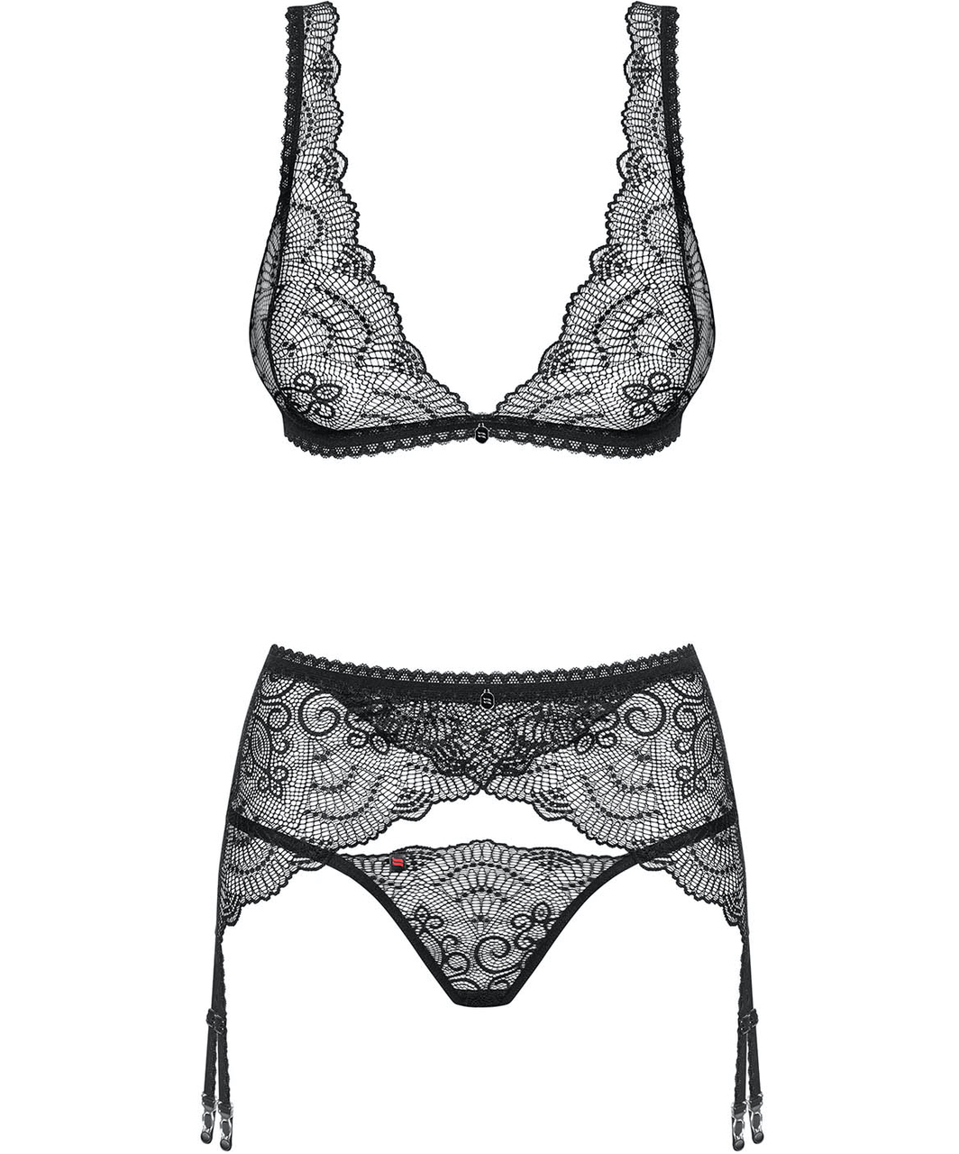 Obsessive black lace three-piece lingerie set