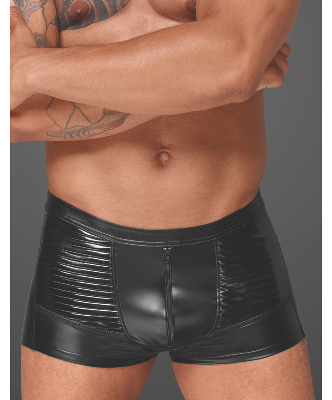 Noir Handmade black trunks with vinyl pleats