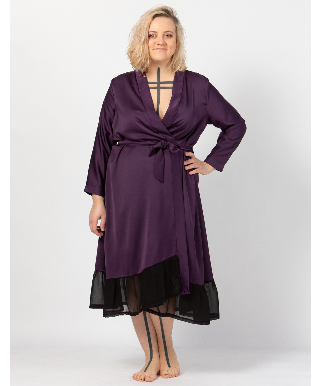 MAKE Dark Purple Robe with Black Chiffon Ruffles SexyStyle.eu