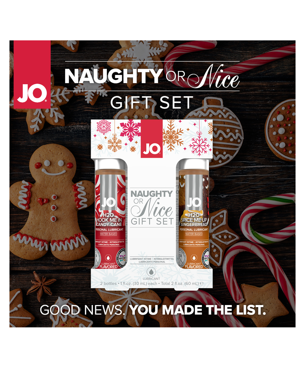 JO Naughty or Nice maitsestatud veepõhine määrdeaine komplekt (2 x 30 ml)