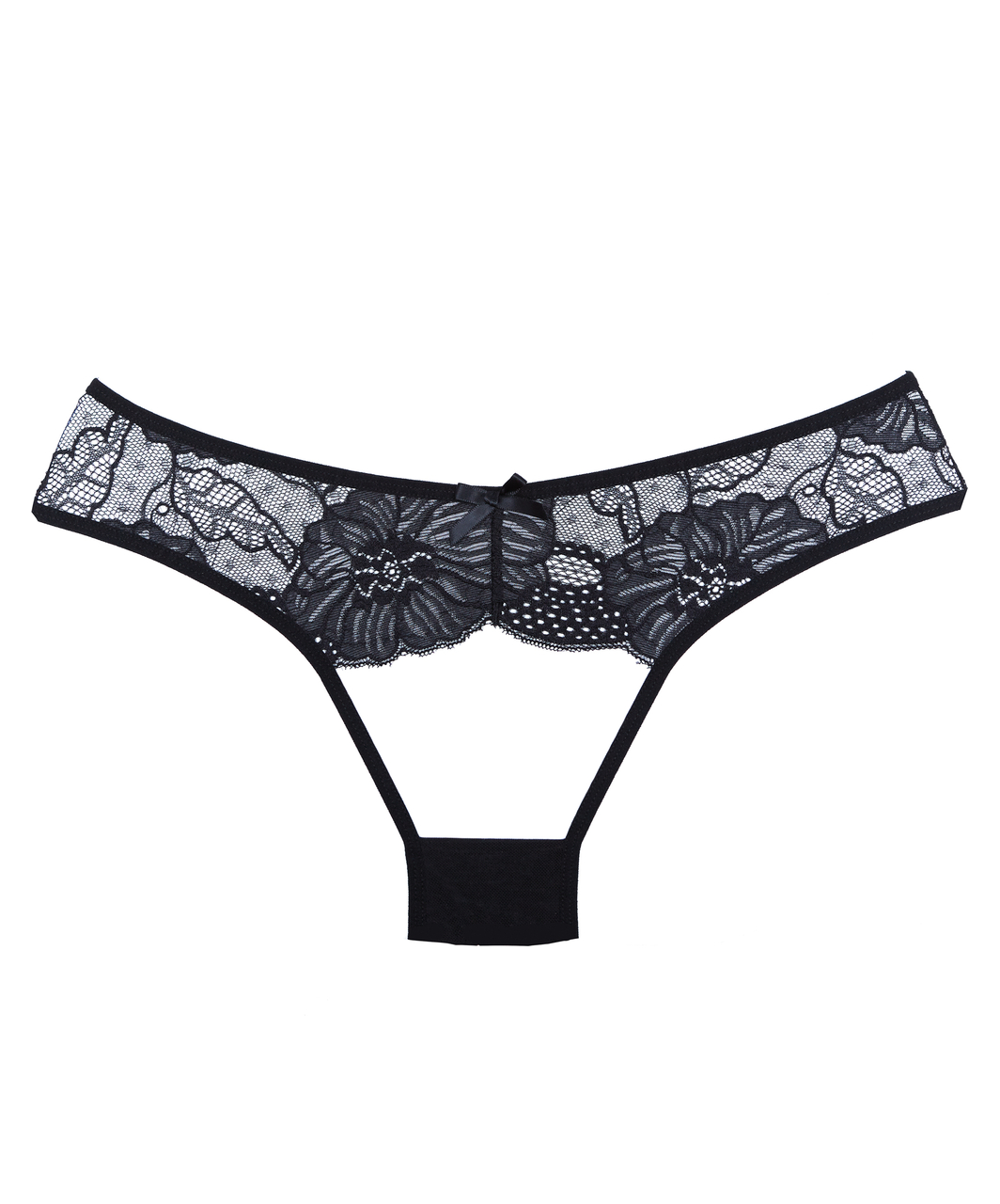 Allure Lingerie k.i.s.s. mustast pitsist avatud jalgevahega tangad