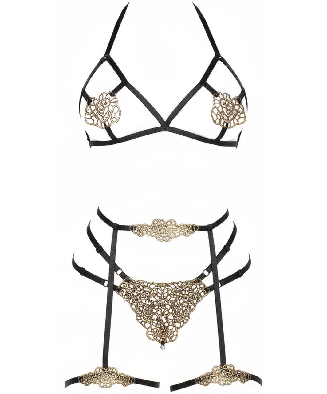 Leg Avenue Golden three-piece strappy lingerie set
