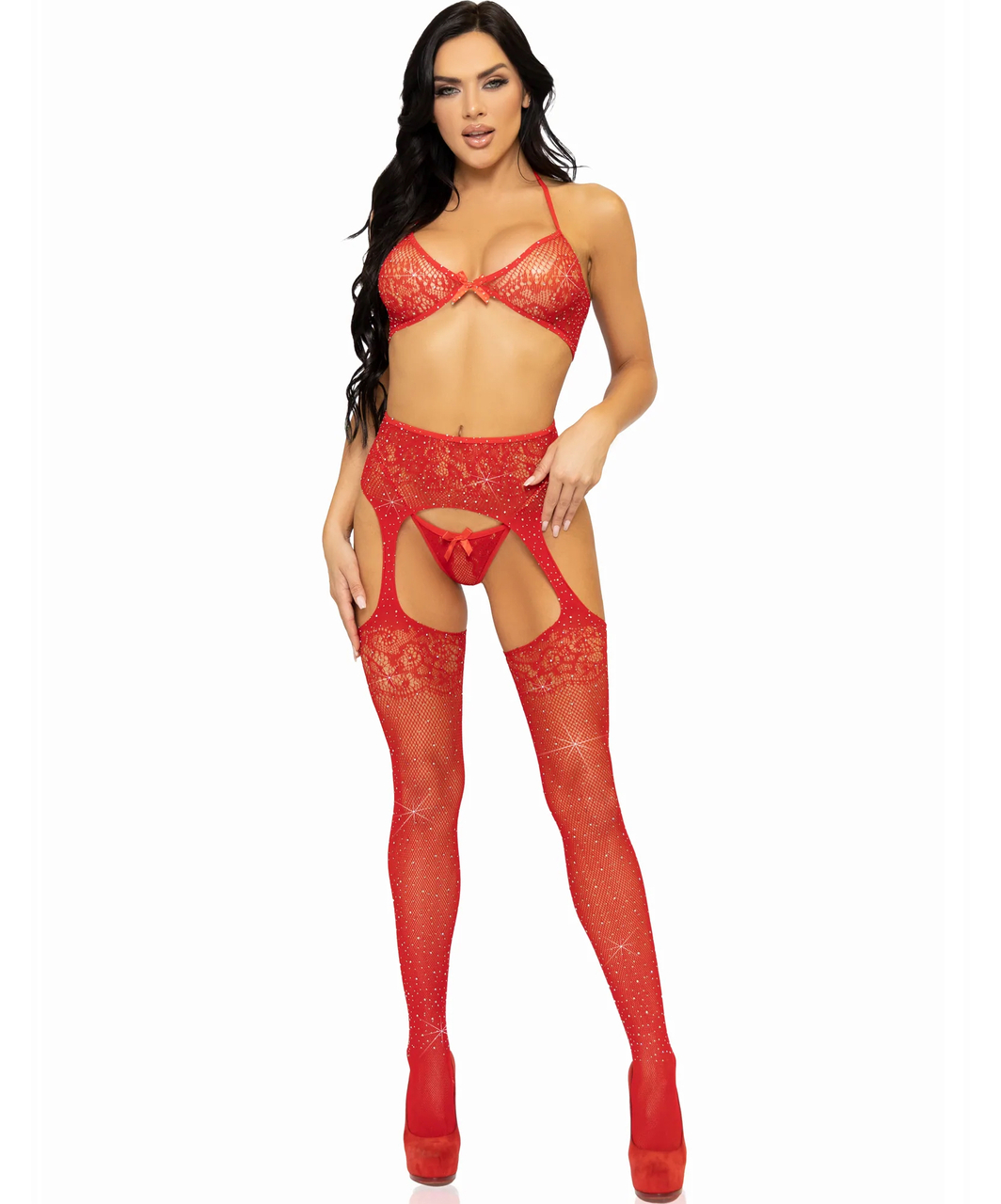 Leg Avenue red net rhinestone bra & crotchless tights