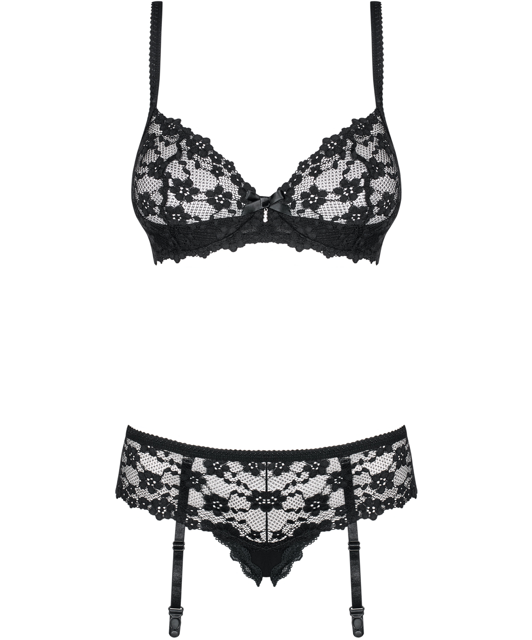 Obsessive black lace lingerie set with garters