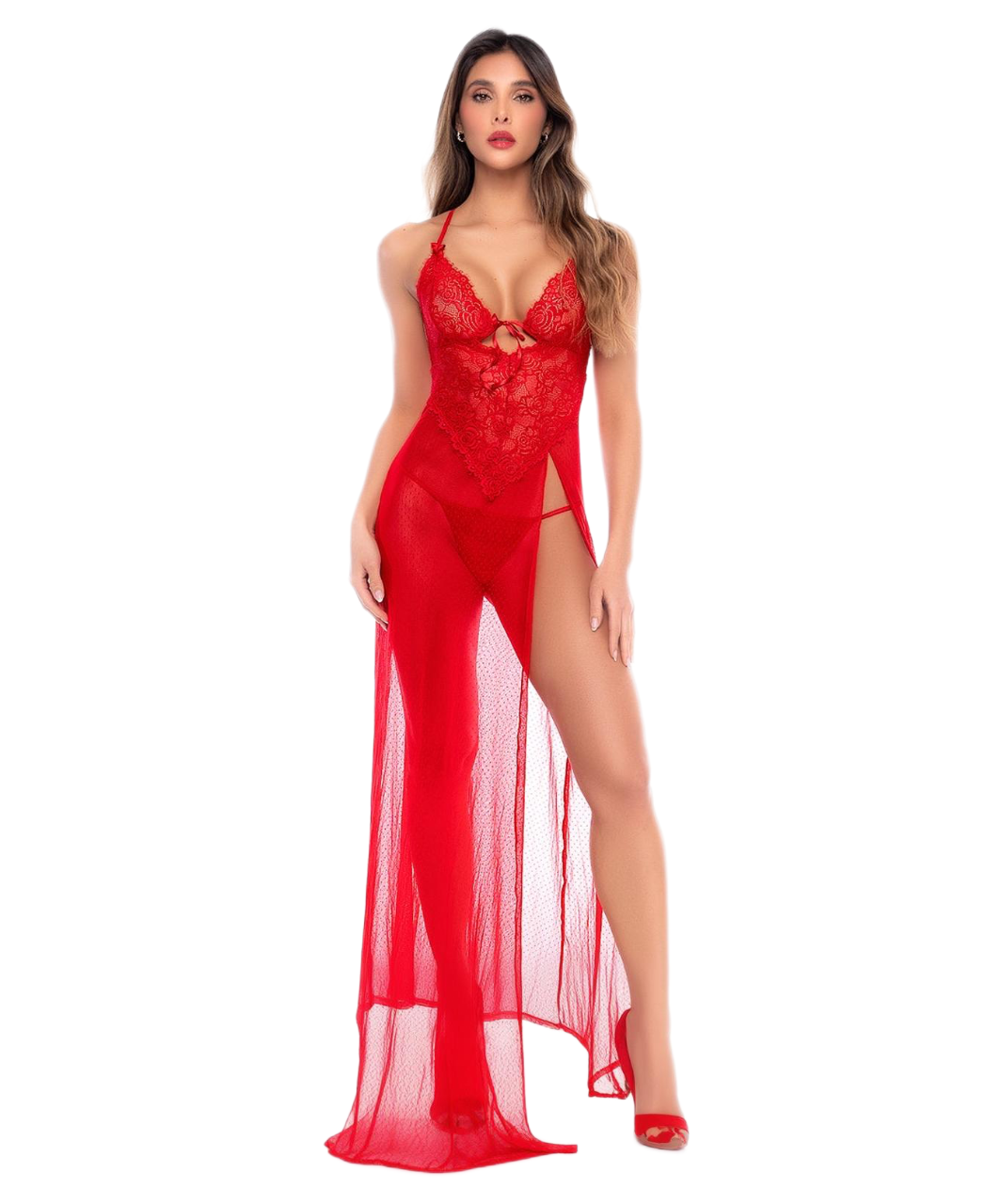Mapale Lucia red sheer lace dress with thong