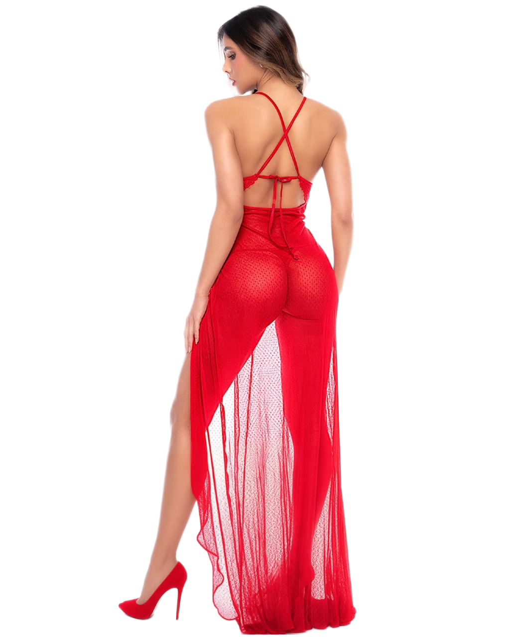 Mapale Lucia red sheer lace dress with thong