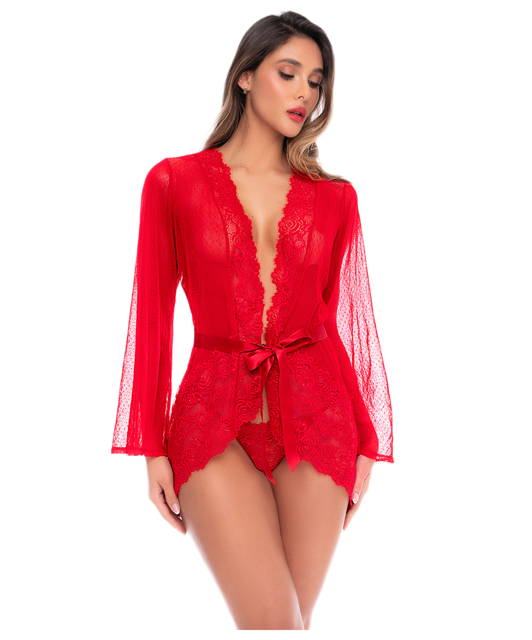 Mapale Luna red sheer mesh peignoir